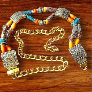 Exotic Belt Boho Beaded Medallion Blue Orange Gold Chunky Belt Tribal Belt